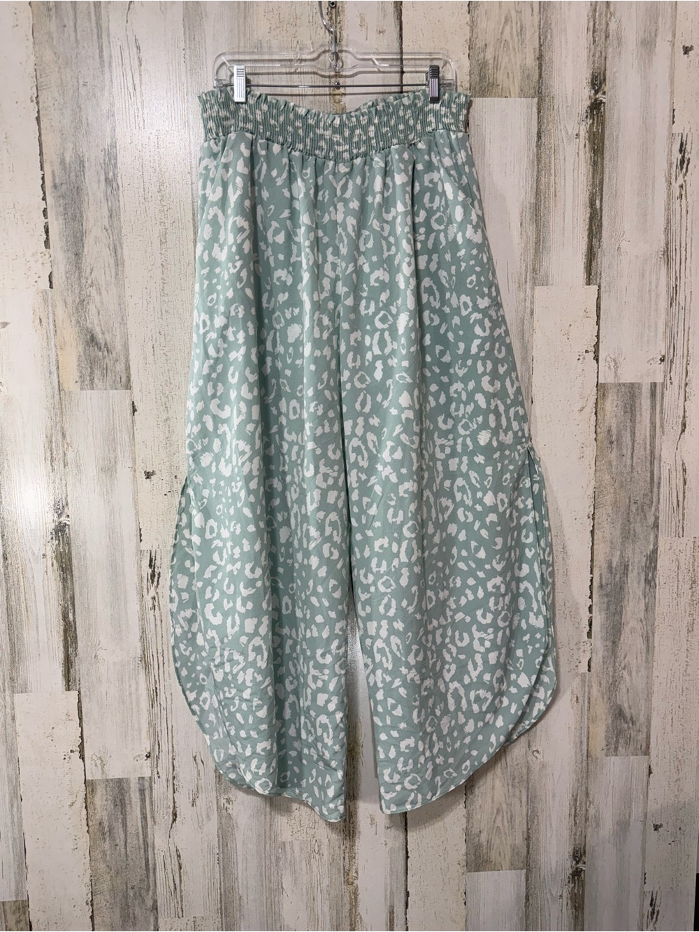 Spin Smocked Waist Side Slit Mint Leopard Print Cropped Flowy Wide-Leg Pants